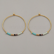 Glass Seed Beaded Hoop Earrings, Boho Beach Earrings, Pale Turquoise, 30x30mm(XS8443-8)