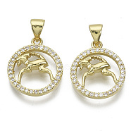 Brass Micro Pave Cubic Zirconia Pendants, Nickel Free, with Snap on Bail, Flat Round with Constellation, Clear, Real 18K Gold Plated, Aries: 17.5x15x2.5mm, Hole: 4x3mm(ZIRC-S061-199H-G-NF)