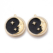 Brass Micro Pave Clear Cubic Zirconia Pendants, with Enamel, Nickel Free, Real 18K Gold Plated, Flat Round with Moon & Star, Black, 25x22.5x3mm, Hole: 1.4mm(KK-N232-199-NF)