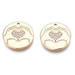 Brass Micro Pave Cubic Zirconia Charms, Nickel Free, Real 18K Gold Plated, Flat Round, Clear, 14x1mm, Hole: 1.2mm(KK-N232-262)