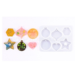 Silicone Mold Pendants, Epoxy Resin Craft Making, Irregularly Shaped Round Bone, Heart & Star & Flat Round & Hexagon, White, 165x126mm, Hole: 3~4mm, Inner Diameter: 36~67x45~61mm(SIMO-S002-04D)