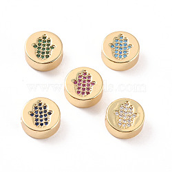 Rack Plating Brass Micro Pave Cubic Zirconia Beads, Cadmium Free & Lead Free, Real 18K Gold Plated, Flat Round with Palm  Pattern, Mixed Color, 11x5mm, Hole: 2mm(ZIRC-C035-24G)