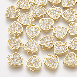 Brass Cubic Zirconia Charms, Heart, Clear, Real 18K Gold Plated, 7.5x6.5x1.5mm, Hole: 0.8mm(KK-T035-31)