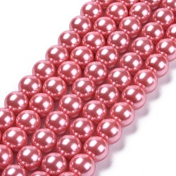 Eco-Friendly Glass Pearl Beads Strands, Grade A, Round, Dyed, Cotton Cord Threaded, Pearl Pink, 14mm, Hole: 1.2~1.5mm, about 30pcs/strand, 15.7 inch(HY-A008-14mm-RB109)