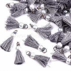 Polycotton(Polyester Cotton) Tassel Pendant Decorations, Mini Tassel, with Golden Tone Iron Findings and ABS Plastic Imitation Pearl, Dark Gray, 23mm, Jump ring: 5x0.8mm, 3.4mm inner diameter(FIND-T052-13C)