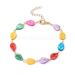 Natural Shell Leaf Link Chain Bracelet, 304 Stainless Steel Jewelry for Women, Golden, Colorful, 7-3/8 inch(18.7cm)(BJEW-C015-16G)