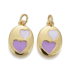 Brass Enamel Pendants, Long-Lasting Golden Plated, with Jump Rings, Flat Oval with Heart Pattern, Purple, 15x10x1.5mm, Hole: 4.5x0.8mm(KK-Z001-02A)