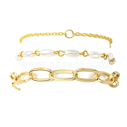 3Pcs 3 Style Aluminium Paperclip & Brass Curb & Imitation Pearl Acrylic Beaded Link Chain Bracelets Set, Stackable Bracelets, Golden, 7~7-5/8 inch(17.7~19.3cm), 1Pc/style(BJEW-FS0001-08)