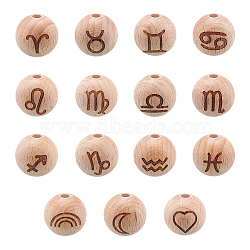 Natural Undyed Beech Beads, Twelve Constellations Pattern, Printed, Round, BurlyWood, 20x18mm, Hole: 4.5mm, 15pcs/bag, 2bags/box(WOOD-PH0001-03)