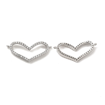 Brass Micro Pave Clear Cubic Zirconia Connector Charms, Heart Links, Platinum, 12.7x28x4mm, Hole: 1mm