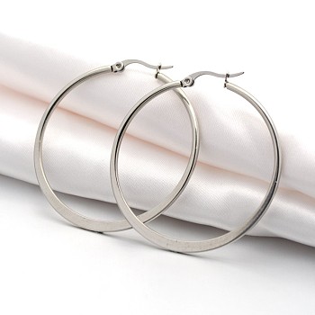304 Stainless Steel Big Hoop Earrings, Hypoallergenic Earrings, Flat Ring Shape, Stainless Steel Color, 46x2x45mm, Pin: 1x0.6mm