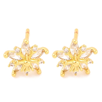 Brass Micro Pave Clear Cubic Zirconia Stud Earrings for Women, Lead Free & Cadmium Free, Flower, Real 18K Gold Plated, 10x10.5mm