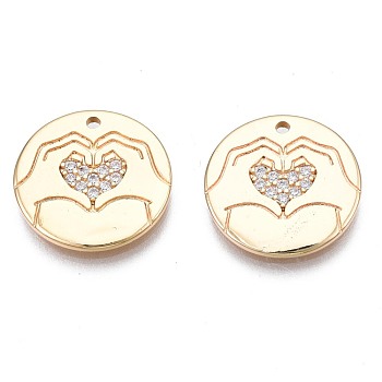 Brass Micro Pave Cubic Zirconia Charms, Nickel Free, Real 18K Gold Plated, Flat Round, Clear, 14x1mm, Hole: 1.2mm