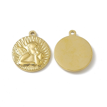 Vacuum Plating 201 Stainless Steel Pendants, Flat Round with Cupid Charm, Real 18K Gold Plated, 21x18x2.5mm, Hole: 1.6mm