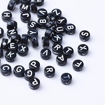 Craft Acrylic Horizontal Hole Letter Beads, Flat Round, White, Mixed, 6~7x3.5~4mm, Hole: 2mm, about 3600pcs/500g