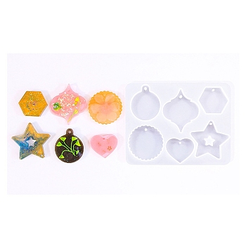 Silicone Mold Pendants, Epoxy Resin Craft Making, Irregularly Shaped Round Bone, Heart & Star & Flat Round & Hexagon, White, 165x126mm, Hole: 3~4mm, Inner Diameter: 36~67x45~61mm