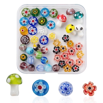 50Pcs 4 Style Handmade Lampwork Beads, Round & Flat Round & Mushroom & Flower, Mixed Color, 3.2~14x3.2~11mm, Hole: 1~1.5mm