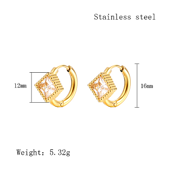 Cubic Zirconia Hoop Earrings, Real 18K Gold Plated 304 Stainless Steel Earrings, Rhombus, 16x12mm