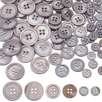 Elite 3 Style Natural Shell Buttons, 4-Hole, for Garment Accessories, Flat Round, Gray, 10~20x2~2.3mm, Hole: 1~1.8mm, 100pcs/box