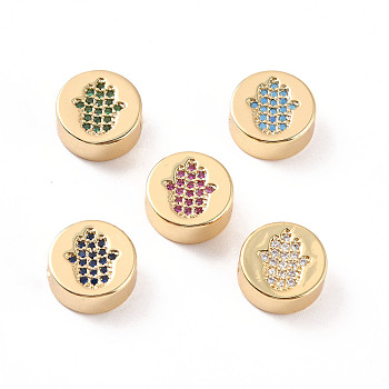 Rack Plating Brass Micro Pave Cubic Zirconia Beads, Cadmium Free & Lead Free, Real 18K Gold Plated, Flat Round with Palm  Pattern, Mixed Color, 11x5mm, Hole: 2mm