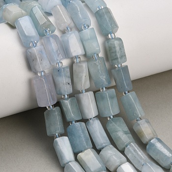 Natural Aquamarine Beads Strands, Column, Faceted, with Seed Beads, 9~14x6.5~9x6.5~9mm, Hole: 1mm, about 28~29pcs/strand, 15.35''~15.75''(39~40cm)