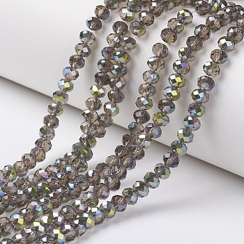 Electroplate Transparent Glass Beads Strands, Half Green Plated, Faceted, Rondelle, Silver, 4x3mm, Hole: 0.4mm, about 130pcs/strand, 16.54 inch(42cm)