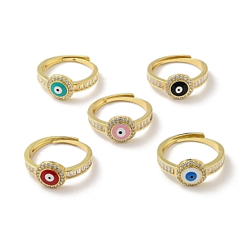 Enamel Evil Eye Adjustable Ring with Clear Cubic Zirconia, Real 18K Gold Plated Brass Lucky Jewelry for Women, Mixed Color, US Size 7 1/2(17.7mm)