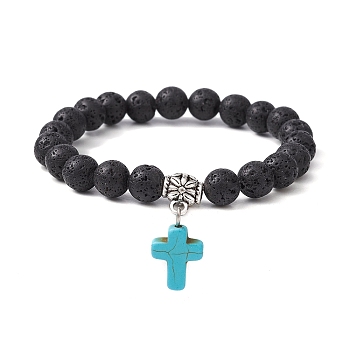 Natural Lava Rock Round Beaded Stretch Bracelet, with Synthetic Turquoise Cross Charms, Turquoise, Inner Diameter: 2-1/8 inch(5.5cm)