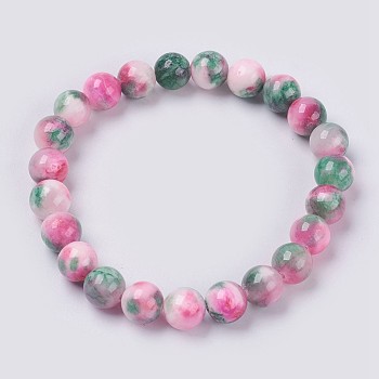Natural Jade Beaded Stretch Bracelet, Dyed, Round, Pale Violet Red, 2 inch(5cm), beads: 10mm