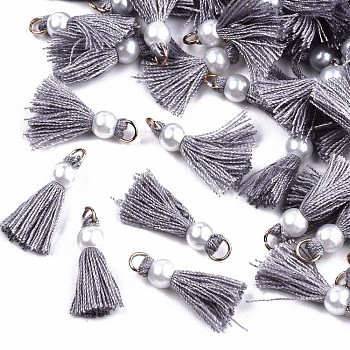 Polycotton(Polyester Cotton) Tassel Pendant Decorations, Mini Tassel, with Golden Tone Iron Findings and ABS Plastic Imitation Pearl, Dark Gray, 23mm, Jump ring: 5x0.8mm, 3.4mm inner diameter