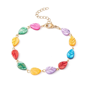 Natural Shell Leaf Link Chain Bracelet, 304 Stainless Steel Jewelry for Women, Golden, Colorful, 7-3/8 inch(18.7cm)