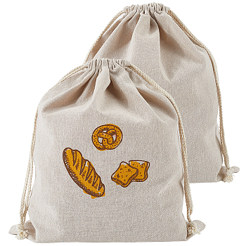 2Pcs Linen Bread Print Pouches, Drawstring Bags, Rectangle, Linen, 38x31cm