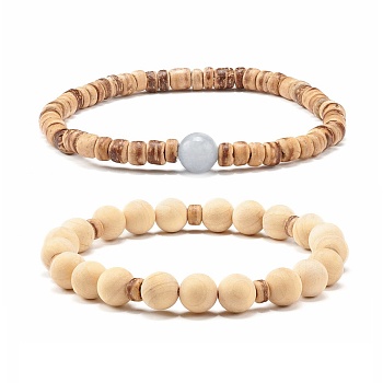 Stretch Bracelets Set, with Natural Wood  Beads, Natural Coconut Rondelle Bead and Natural Chalcedony Beads, Mixed Color, Inner Diameter: 2-1/4 inch(5.7cm), 2pcs/set