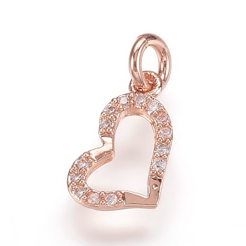 Brass Micro Pave Cubic Zirconia Pendants, Heart Charms, Rose Gold, 12.5x8x2mm, Hole: 3mm