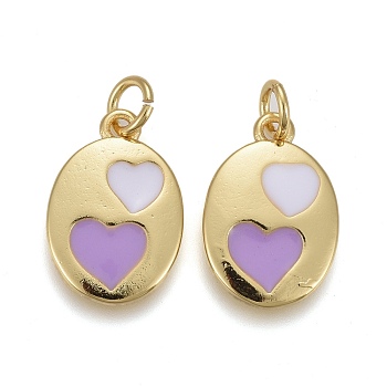 Brass Enamel Pendants, Long-Lasting Golden Plated, with Jump Rings, Flat Oval with Heart Pattern, Purple, 15x10x1.5mm, Hole: 4.5x0.8mm