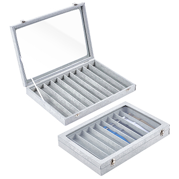 10 Grids Wood Covered with Velvet Watch Band Organizer Storage Cases with Visible Window Lid, Rectangle, Gray, 35.1x24.1~24.6x4.8cm