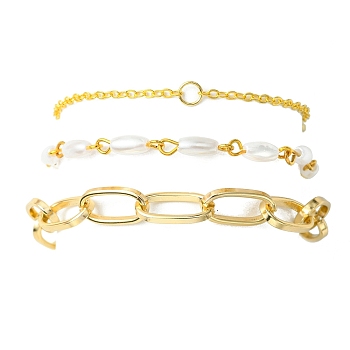 3Pcs 3 Style Aluminium Paperclip & Brass Curb & Imitation Pearl Acrylic Beaded Link Chain Bracelets Set, Stackable Bracelets, Golden, 7~7-5/8 inch(17.7~19.3cm), 1Pc/style