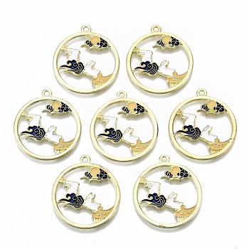 Chinese Style Alloy Pendants, with Enamel, Flat Round with Cloud, Cadmium Free & Lead Free, Gold & Black, Light Gold, 30x27x1.5mm, Hole: 1.8mm
