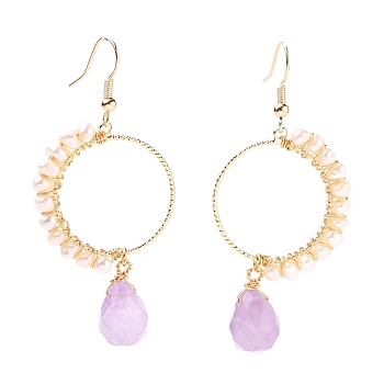 Faceted Teardrop Natural Amethyst Dangle Earrings, with Natural Pearl Beads and Brass Earring Hooks, Golden, 62mm, Pin: 0.8mm