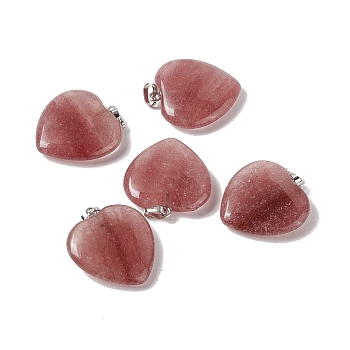 Natural Strawberry Quartz Pendants, with Platinum Tone Brass Findings, Heart Charm, 27~28x25x7mm, Hole: 7x4mm