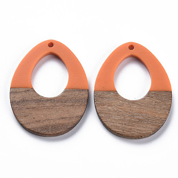 Opaque Resin & Walnut Wood Pendants, Two Tone, Teardrop, Dark Orange, 37x28.5x3mm, Hole: 2mm