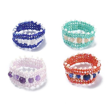 Glass Seed Bead Braided Rings, Natural Gemstone Stretch Rings for Women, Mixed Color, 9.5~13mm, Inner Diameter: 17~18mm