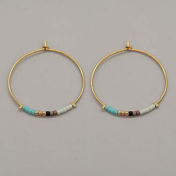Glass Seed Beaded Hoop Earrings, Boho Beach Earrings, Pale Turquoise, 30x30mm