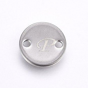 201 Stainless Steel Links connectors, Flat Round, Letter.P, Stainless Steel Color, 8x1mm, Hole: 1.5mm