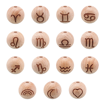 Natural Undyed Beech Beads, Twelve Constellations Pattern, Printed, Round, BurlyWood, 20x18mm, Hole: 4.5mm, 15pcs/bag, 2bags/box