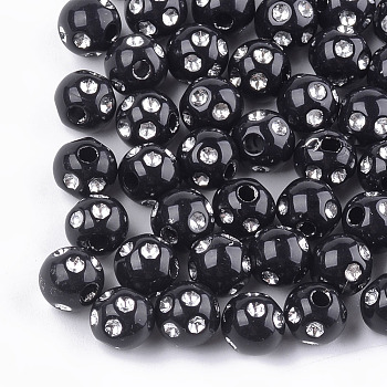 Plating Acrylic Beads, Metal Enlaced, Round, Black, 8x7mm, Hole: 2mm, about 2000pcs/500g