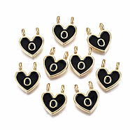 Alloy Enamel Charms, Cadmium Free & Lead Free, Heart with Initial Letters, Light Gold, Black, Letter.O, 14.5x11.5x4.5mm, Hole: 2mm(X-ENAM-T012-02O-RS)