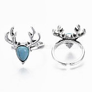 Synthetic Turquoise Cuff Finger Rings, Open Rings, with Zinc Alloy Findings, Cadmium Free & Lead Free, Christmas Reindeer/Stag, Antique Silver, Size 8, Inner Diameter: 18mm(RJEW-N029-004)