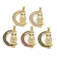 Brass Micro Pave Cubic Zirconia Pendants, Cadmium Free & Nickel Free & Lead Free, Real 16K Gold Plated, Moon with Owl, Mixed Color, 30.5x24.5x3.5mm, Hole: 3x5mm(KK-Q283-051-NR)