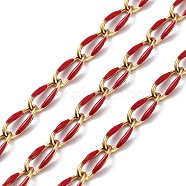 304 Stainless Steel Handmade Beaded Chain, with Enamel, with Spool, Soldered, Real 18K Gold Plated, Oval, Red, 9x4x1mm, about 16.40 Feet(5m)/Roll(CHS-K019-02G-04)